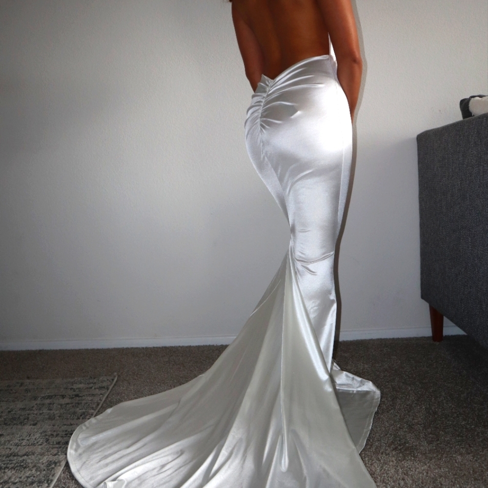 Back-Ruched White Satin Mermaid Wedding Gown